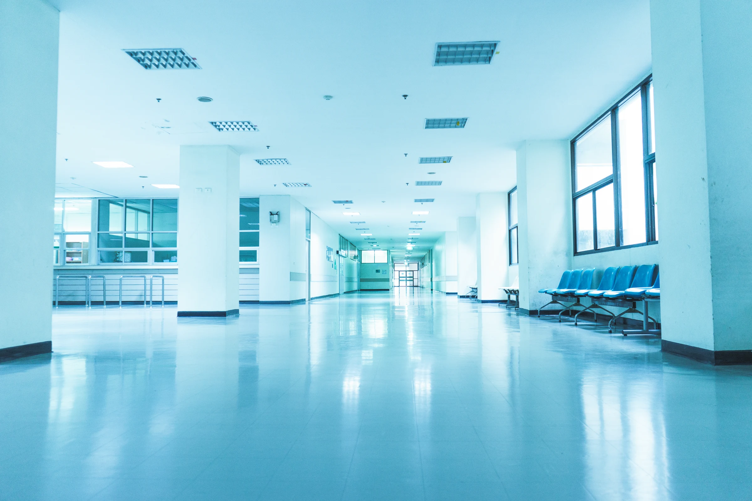 Sunlit modern hospital corridor